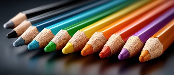 Close up view of multiple colored pencils arranged in a row showcasing various shades and textures