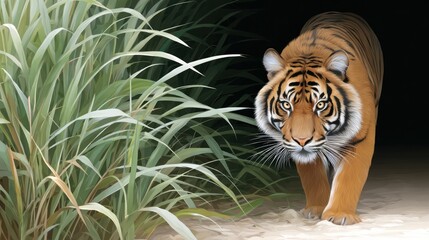 Tiger walking towards the camera in tall grass A majestic tiger approaches from the shadows