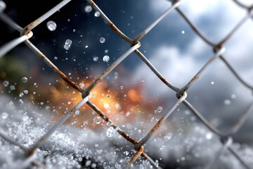 Rusty chain link fence with water droplets blurred fiery background fire