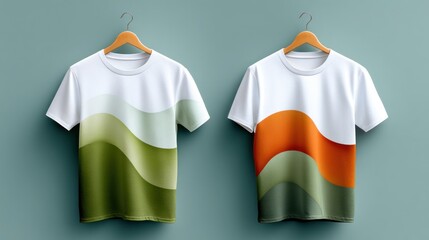 Two white t shirts with abstract green and orange wave designs hanging on wooden hangers against a teal background
