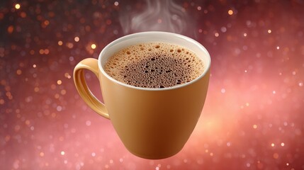 Steaming cup of coffee in a beige mug against a bokeh background beverage