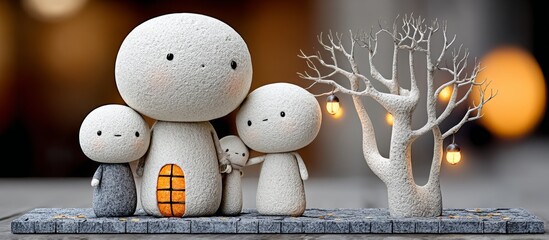 Cute 3D Clay Family Cuddling on Picnic with Tree and Lanterns in Warm Atmosphere