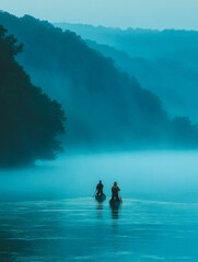 Serene Canoeing Adventure Between Father and Son Amid Foggy River Landscape