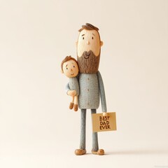 Heartwarming Clay Figure of a Dad Holding His Child with a "Best Dad Ever" Sign