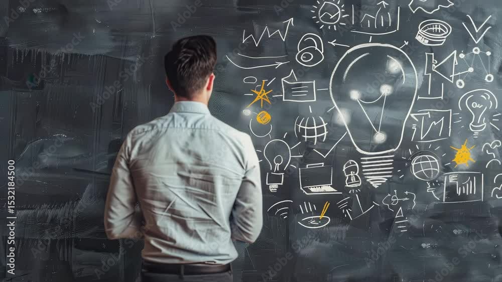 Poster business professional brainstorming innovative ideas in front of a chalkboard filled with creative s