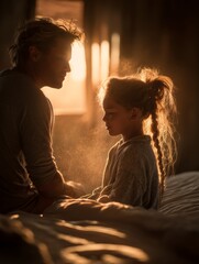 Heartwarming Father and Daughter Moment During Sunrise in Cozy Room Setting