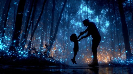 Enchanted Forest Scene of Father and Child Exploring Magical Illumination Together