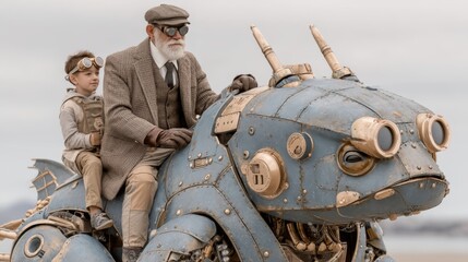 Fantasy Fathers Day Adventure with Father and Son on Steampunk Creature Ride
