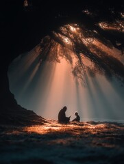 Heartwarming Scene of Dad and Child Under Tree on Fathers Day in Soft Evening Light
