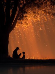 Silhouette of Dad Reading to Child Under a Tree on a Warm Golden Evening