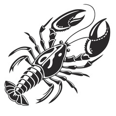 Monochrome lobster with large claws on a simple white background
