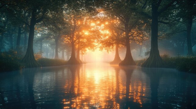 Misty forest river sunrise