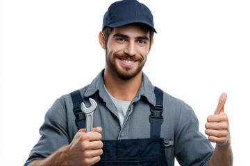 Mechanic holds wrench and gives thumbs up on white background showcasing expertise and confidence