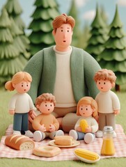 Family Picnic Scene with 3D Clay Figures Enjoying Corn and Bread Outdoors
