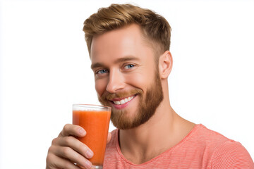 Man enjoying a refreshing smoothie while smiling against a white background