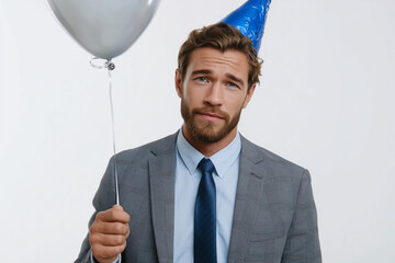 Man in suit and party hat holding a balloon in celebration against a white background
