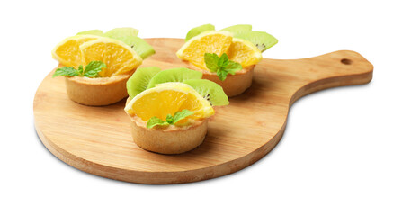 Tartlets with fruits and mint isolated on white. Delicious dessert