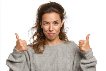 Woman smiling and winking while giving thumbs up, expressing positivity and confidence with a playful vibe