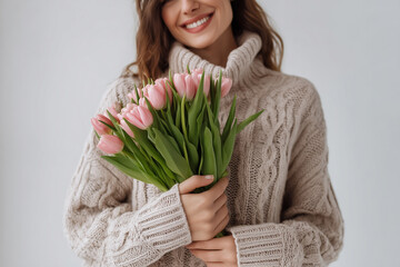 Woman smiles while holding a bouquet of pink tulips against a white background