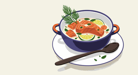 Salmon soup served in a blue bowl with lime and herbs on a plate  