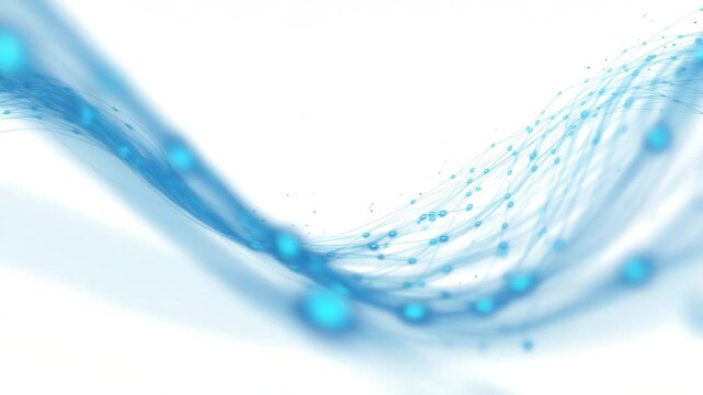 Abstract flowing blue lines and dots on white background. Ideal for concepts like network, digital communication, data transfer, or future tech.

