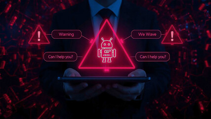 AI, technology, and cybersecurity warnings displayed as red holograms above a tablet in businessman hand, future chatbot. Robot assistant, danger alert, privacy breach, and hacker risk