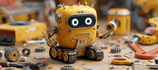 Futuristic Clay Robot with Wheels and Tools Amidst Toy Tech Parts