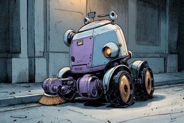 Futuristic Cartoon Robot Vehicle Cleaning Street in Comic Style