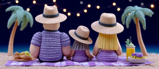 Family Picnic at Night with Glowing Decorations in 3D Clay Art Scene
