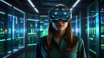 Woman using virtual reality headset in futuristic data center for immersive experience