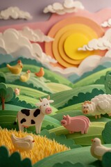 Charming Farmyard Scene with Paper Cutout Animals at Sunrise