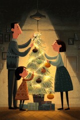 Family Decorating Cartoon Christmas Tree with Ornaments and String Lights