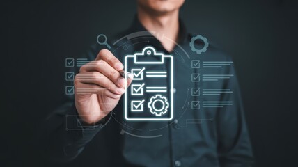 A person's hand drawing a checklist on a digital interface.