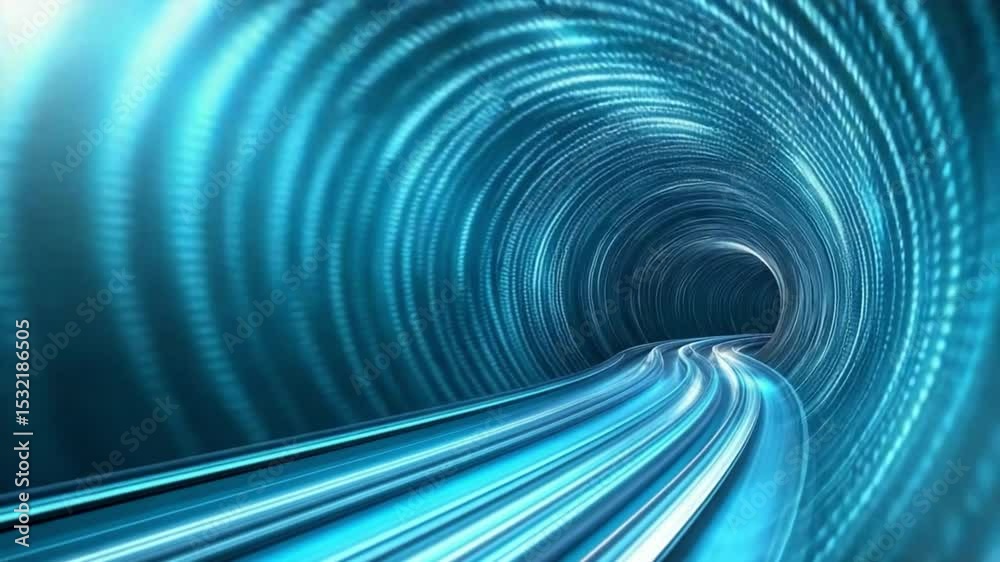 Poster Cyber Tunnel: An immersive, digitally rendered tunnel, illuminated by streams of bright, dynamic light, creating a mesmerizing sense of motion and futuristic technology.