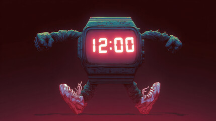Digital Watch with Arms and Legs Performing Karate Moves in Comic Style