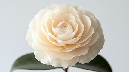 Close-up of ivory camellia highlighting delicate petals and soft texture on pure white background, serene floral beauty with natural lighting for luxury packaging, wedding invitations, skincare ads or