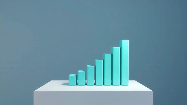A turquoise 3D bar graph with ascending columns stands on a white pedestal against a plain blue background.