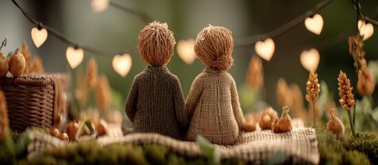 Romantic Nighttime Picnic with 3D Clay Figures Surrounded by Glowing Decor