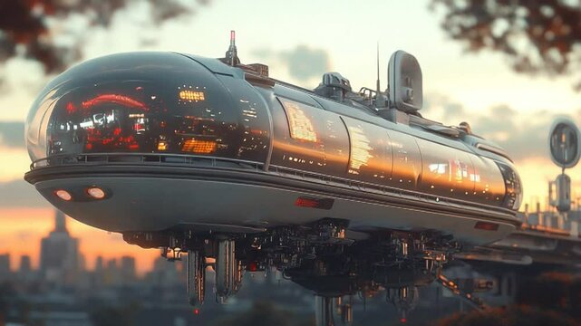 Futuristic hovercraft gliding over a cityscape at sunset, showcasing advanced technology