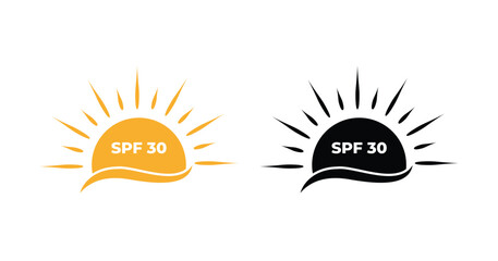 Fototapeta premium Yellow and black SPF 30 sun protection icons. Ideal for sunscreen, skincare, or outdoor product labeling and health awareness.