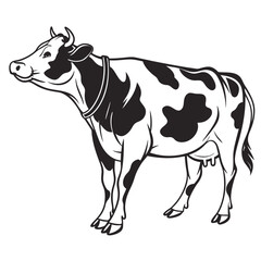 A black and white dairy cow stands calmly, looking into the distance quietly