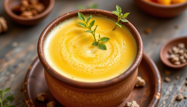 indian mango lassi in a clay cup, creamy texture and bright orange color, summer spices in background, cooling and energizing traditional drink.