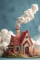 Charming Clay House with Red Roof and Floral Yard Under Blue Sky