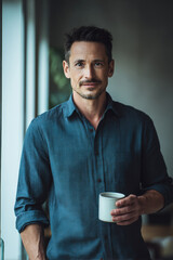 Contemporary Portrait of Man in Smart-Casual Attire Holding Coffee Mug