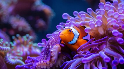 Vibrant clownfish swimming among colorful anemone in clear water, showcasing marine life in brilliant detail - Powered by Adobe