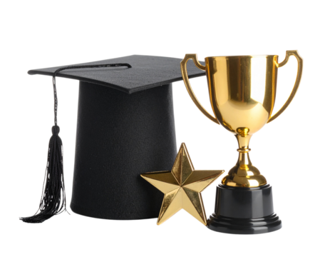 Graduation Cap with Trophy and Star  Isolated on White Background