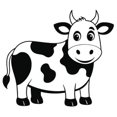 Cartoon Holstein cow stands, showcasing black and white spots, smiling on a farm