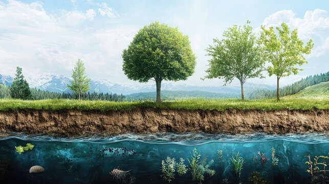 Nature-based carbon sequestration through reforestation, soil conservation, ocean planting, biodiversity support, and green carbon offset projects preserving natural ecosystems