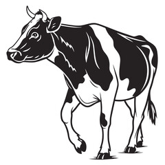 Black and white shows a dairy cow walking calmly in the field