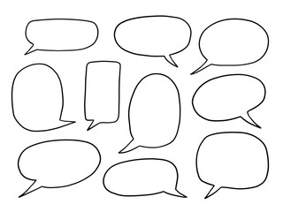 Line Art Comic Speech Bubble Outline. A playful collection of hand drawn speech bubble outlines in various shapes including oval and balloon styles. Perfect for comics quotes chats and message frames © Mussbila
